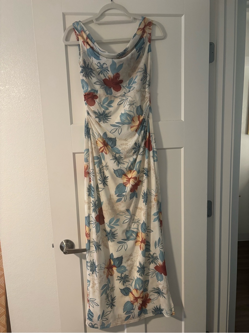 Wayf Cream Maxi Dress with Blue & Red Floral Print